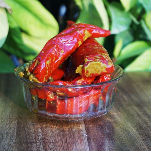 Stuffed Red Chilli Pickle (भरवां लाल मिर्च का अचार)